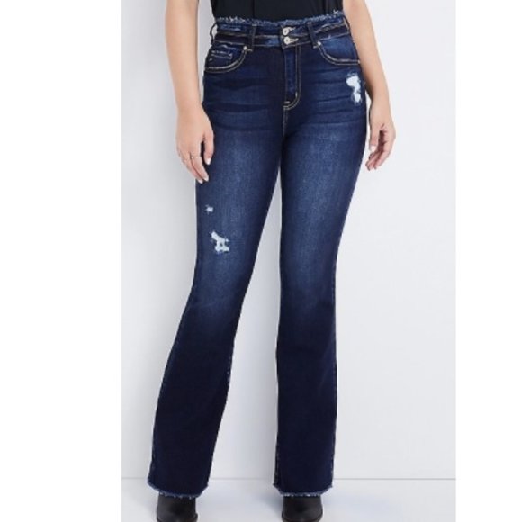 KanCan Denim - KanCan Flare High Rise Dark Blue Frayed Jeans Size 28